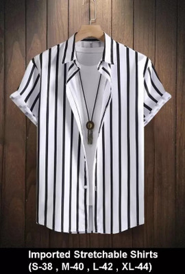 YUKAX Men Striped Casual White Shirt