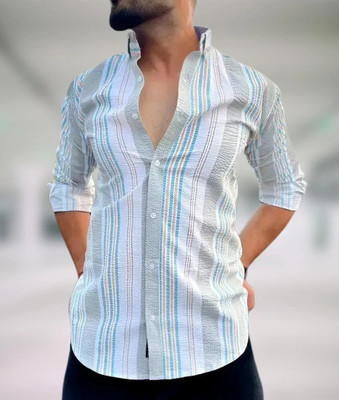 Rajaranchod creation Men Striped Casual White Shirt