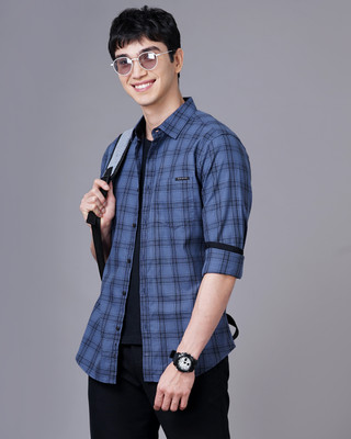 British Club Men Checkered Casual Dark Blue, Blue Shirt