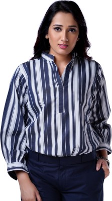 CHARCOAL Women Striped Formal Dark Blue, White Shirt