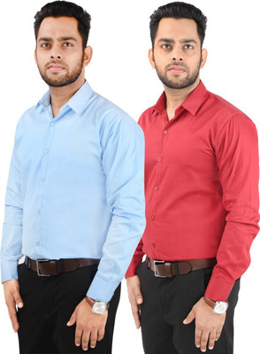 CRAFT HEAVEN Men Solid Casual Red, Light Blue Shirt(Pack of 2)