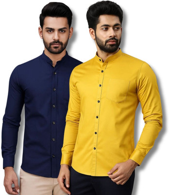 MAHIRAN Men Solid Casual Dark Blue, Yellow Shirt(Pack of 2)