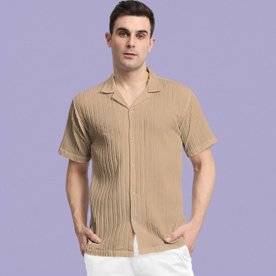 A Sti Men Self Design Casual Beige Shirt