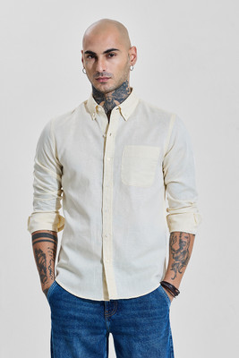 Snitch Men Solid Casual Beige Shirt