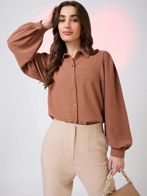 Globus Women Solid Formal Brown Shirt