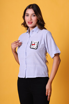Kryvyn Women Striped Casual Blue Shirt