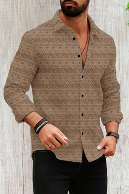 ZIRAVE Men Self Design Casual Beige Shirt