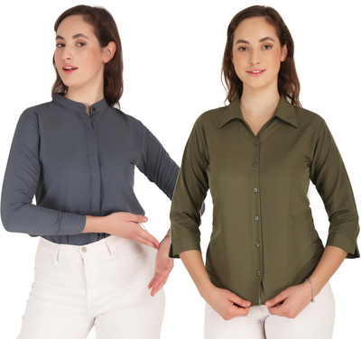 Miranga Women Solid Formal Blue Shirt(Pack of 2)