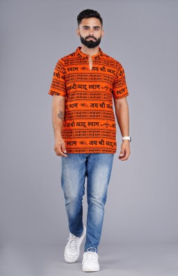 nsbeanie Men Printed Straight Kurta(Orange)