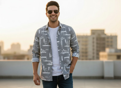 DJFOX Men Printed Casual Grey Shirt