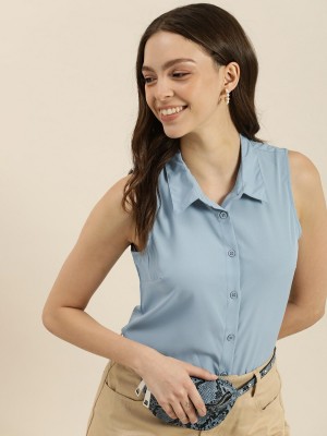 encore by INVICTUS Women Solid Casual Blue Shirt