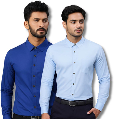 ClothTheory Men Solid Casual Dark Blue, Light Blue Shirt(Pack of 2)