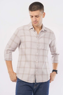 OFFSHADE Men Checkered Casual Beige Shirt