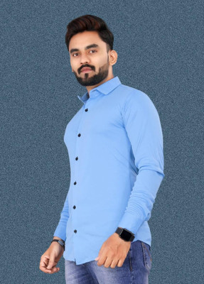 Style Nest Men Solid Casual Light Blue Shirt