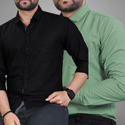 BROWEARS Men Solid Casual Black, Green Shirt(Pack of 2)