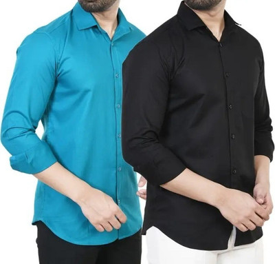 Hansroop Men Solid Casual Light Blue, Black Shirt(Pack of 2)