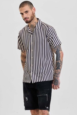 Snitch Men Striped Casual Black, White Shirt