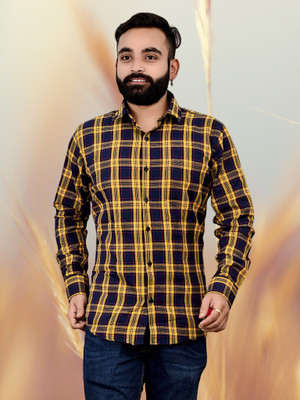 Marc Laurent Men Checkered Formal Yellow, Blue Shirt