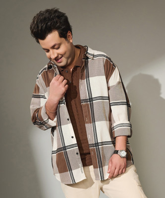 Instafab Plus Men Checkered Casual Brown Shirt