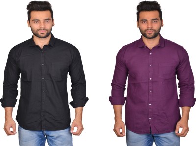 La Milano Men Solid Casual Black, Brown Shirt(Pack of 2)