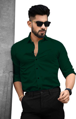 Vyzer Men Solid Formal Dark Green Shirt