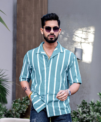 MANIAC Men Striped Casual Light Blue, White Shirt