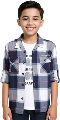 CAVIO Boys Checkered Casual Dark Blue Shirt