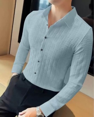 DEELMO Men Self Design Casual Light Blue Shirt