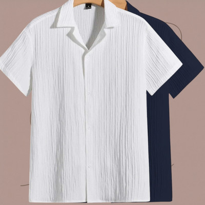 Jenil Fashion Men Self Design Casual White, Dark Blue Shirt
