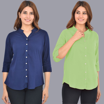 FABISHO Women Solid Casual Dark Blue, Light Green Shirt(Pack of 2)