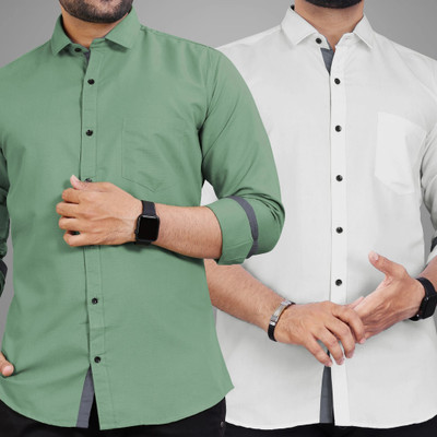 BROWEARS Men Solid Casual Grey, Green Shirt(Pack of 2)