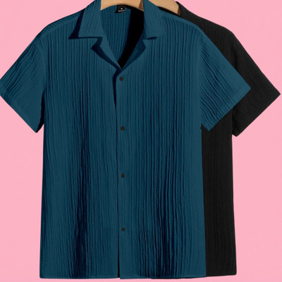 Jenil Fashion Men Self Design Casual Blue, Black Shirt(Pack of 2)