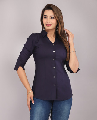 Aashee Women Solid Casual Dark Blue Shirt