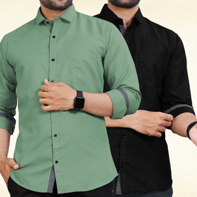 BROWEARS Men Solid Casual Black, Green Shirt(Pack of 2)
