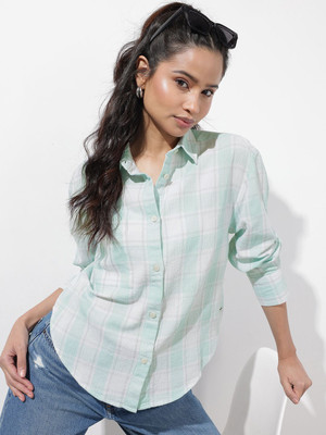 Roadster Women Checkered Casual Blue, White Shirt