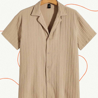 Looksky Men Self Design Casual Cream Shirt