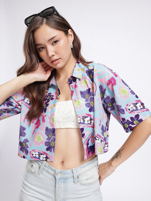 Glitchez Women Printed Casual Blue Shirt