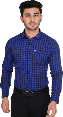 Marc Laurent Men Checkered Formal Dark Blue, Blue Shirt
