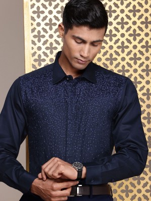 House of Pataudi Men Self Design Party Blue Shirt