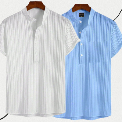 Looksky Men Self Design Casual White, Light Blue Shirt(Pack of 2)