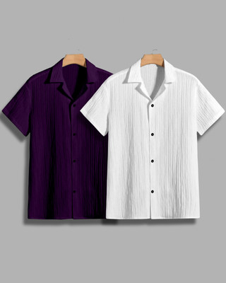 House of Vinay Men Self Design Casual Purple, White Shirt(Pack of 2)
