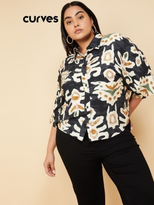 MAX Women Printed Casual Black, Beige Shirt