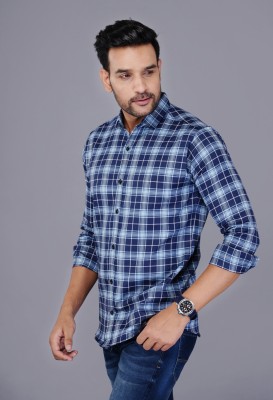 Wristy Men Checkered Casual White, Dark Blue Shirt