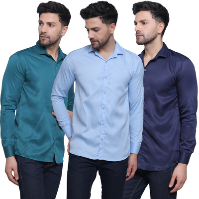 CRAFT HEAVEN Men Solid Casual Dark Green, Light Blue, Dark Blue Shirt(Pack of 3)
