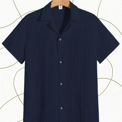 Looksky Men Self Design Casual Dark Blue Shirt