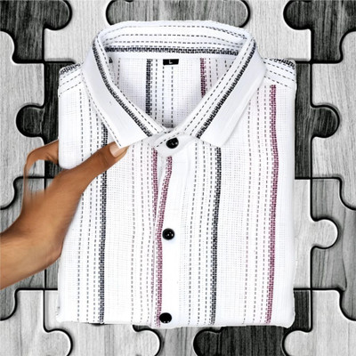 AROBY Men Striped Casual White, Black Shirt