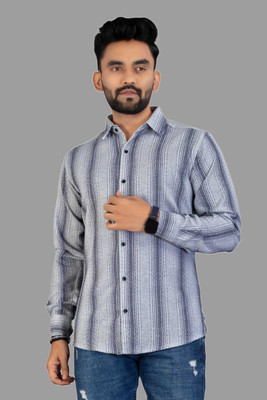 DUCCKCREATION Men Striped Formal Grey Shirt