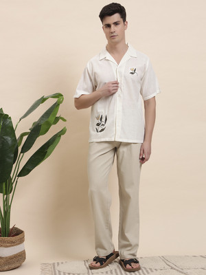 Brown Panda Men Embroidered Casual Cream, White Shirt