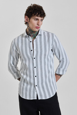 Snitch Men Striped Casual White Shirt