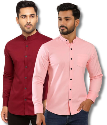 GOD HEART Men Solid Casual Maroon, Pink Shirt(Pack of 2)